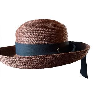 Helen Kaminski brown straw raffia hat with black bow in perfect condition.